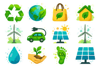 Eco symbols: renewable energy, sustainability, and environmental conservation