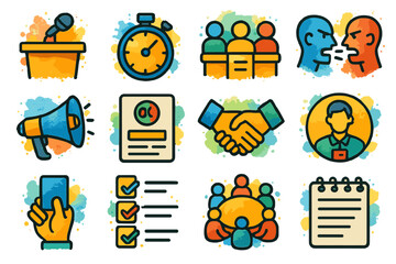 Colorful business icons: communication, teamwork, and productivity concepts