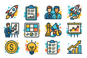 Colorful business icons and illustrations for strategy and planning concepts