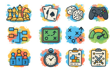 Colorful game icons: chess, cards, dice, controller, stopwatch, strategy
