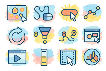 Digital interface icons with cursor and graph elements on colorful background