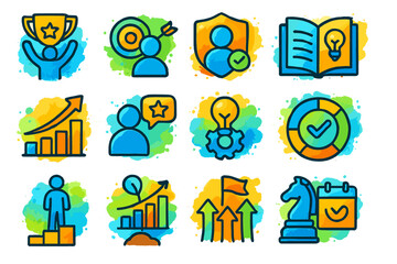 Colorful illustrations of business success and strategy icons