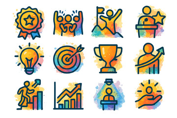 Colorful icons of achievement and success in business and leadership