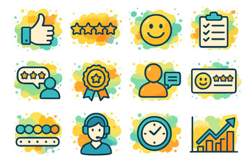 Vibrant customer feedback and satisfaction icons with positive ratings