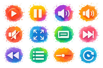 Colorful multimedia icons on vibrant watercolor backgrounds