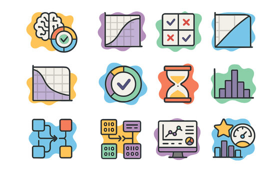 Colorful data analysis icons featuring graphs, charts, and analytics tools