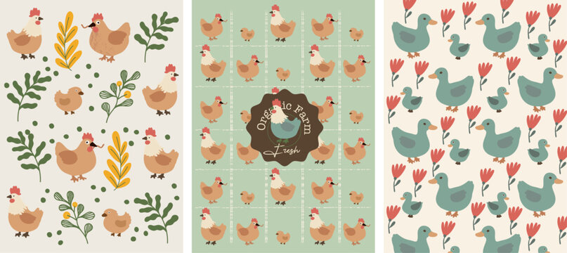 Organic Farm Fresh Poultry Pattern - charming collection of flat, colorful patterns featuring chickens, ducks, and chicks, accented with leaves and flowers