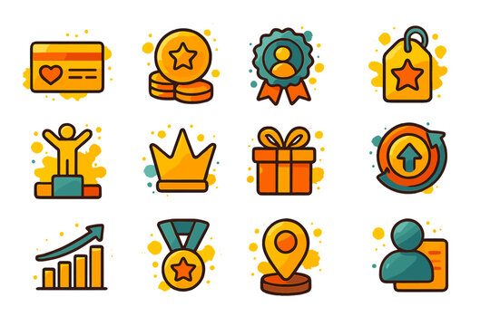 Colorful reward icons with coins, trophies, and growth symbols