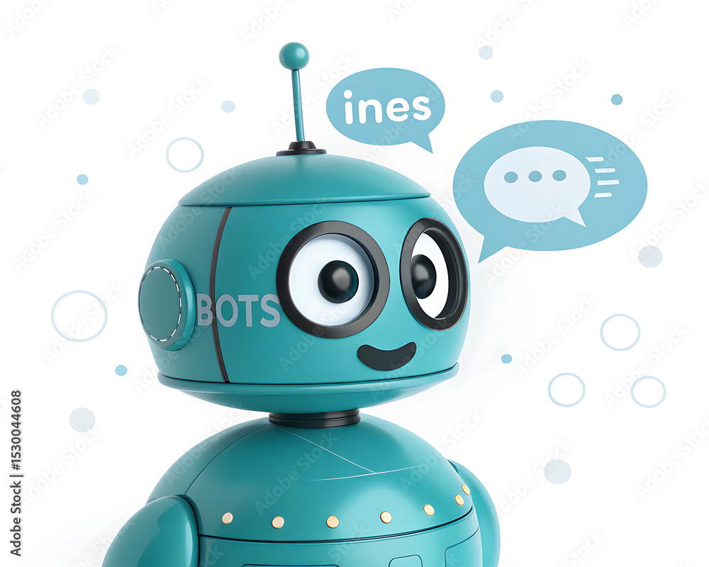 Aufkleber a teal robot with the word bots on its head and speech bubbles on a white background with dots