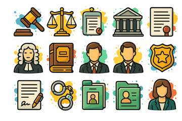 Colorful legal icons featuring justice, lawyers, contracts, and law enforcement