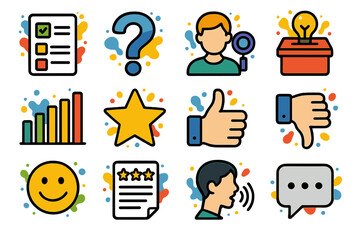 Colorful icon set featuring communication and feedback symbols