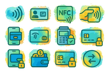 Colorful icons of contactless payment and nfc technology innovations