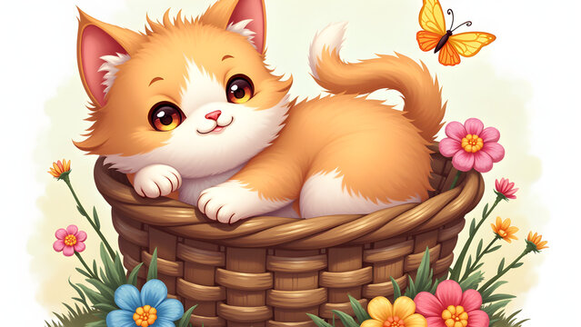 A fluffy cat lounging in a basket surrounded