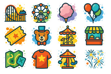 Amusement park icons: ferris wheel, carousel, cotton candy, balloons, fireworks