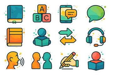 Colorful communication and education icons on vibrant background