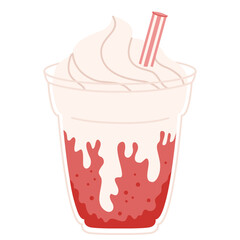 Creamy strawberry soda float with whipped topping and pink straw in plastic cup