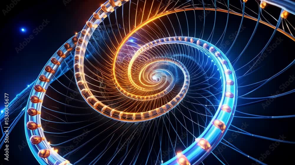 Poster abstract spiral structure illuminated with blue and golden glowing light effect on dark background