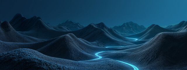 Glowing paths wind through dark, wavy mountains in a moody, hyperreal landscape of deep blues and blacks