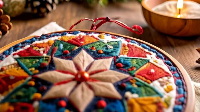 Festive needlepoint ornament showcases vibrant geometric patterns in a wooden embroidery hoop, creating a cozy seasonal craft display.