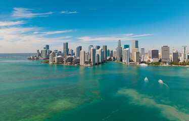 City downtown skyline. Aerial view of Miami. Aerial view of modern skyscraper in downtown Miami, Brickell Key. Skyline of Miami. Brickell city center. Modern city building and skyscraper