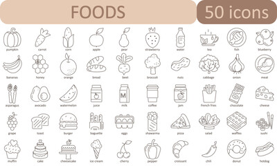A clean line-art set of 50 food icons including fruits, vegetables, drinks, and snacks. Perfect for apps, packaging, and culinary projects. Minimal and modern vector design.
