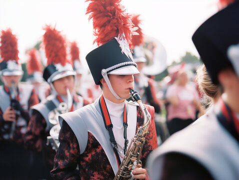 marching band music performer high school event parade instrument player in uniform
