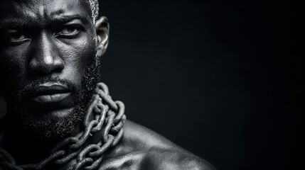 International Day for the Abolition of Slavery. Horizontal banner. Copy space. African American man in chains on a dark background. Day against trafficking in person. Black History Month
