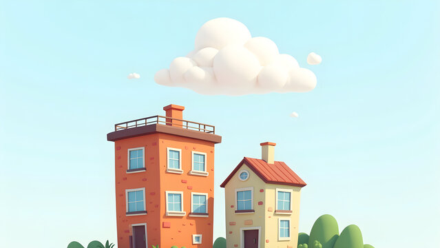 a cartoon building with a cloud in the background
