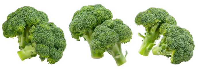 fresh green broccoli florets, multiple views of healthy vegetable isolated on a transparent background