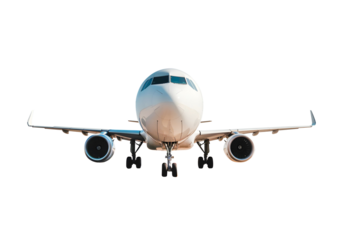 White airplane front view low angle on a white background