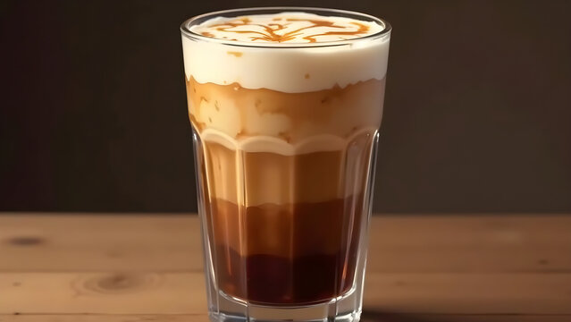 A beautifully crafted layered coffee drink showcases rich colors in a glass on a wooden surface.