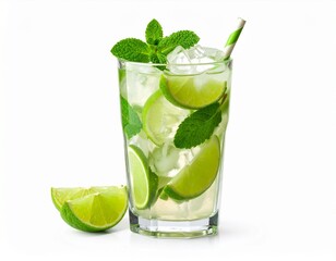 Vaso alto con mojito, hielo, rodajas de lima y hojas de menta visibles, sobre fondo blanco limpio.