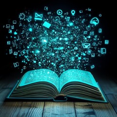 Open book; teal pages; digital icons stream upward.