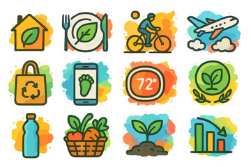 Eco-friendly icons: home, dining, travel, and lifestyle symbols