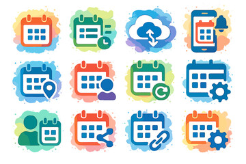 Colorful calendar icons featuring cloud and gear elements