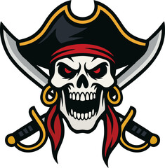 Aggressive Pirate Skull Logo with Crossed Swords and Red Bandana – Vector Illustration