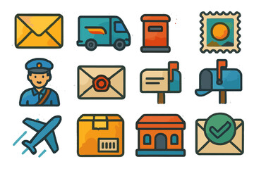 Colorful mail and delivery icons featuring envelopes, stamps, and vehicles