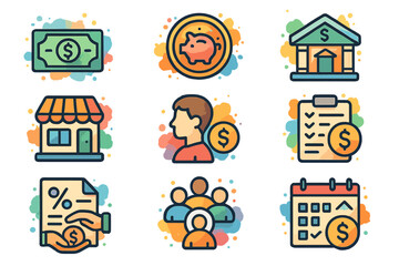 Fototapeta premium Colorful icons representing finance and business elements on abstract background