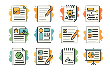 Colorful icon set of documents and tools for creative projects