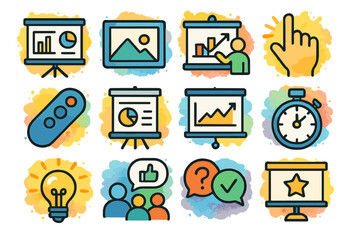 Colorful presentation icons featuring charts, projectors, and collaborative elements