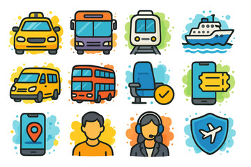 Colorful transportation icons: bus, train, taxi, plane, ship, tickets