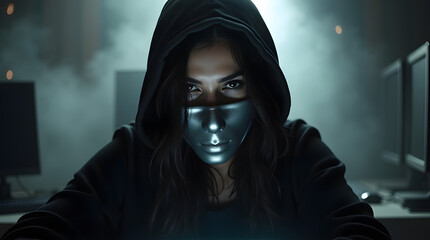 A young woman with piercing green eyes and a determined gaze, her long, curly brown hair cascading down her back, wears a black hoodie with the hood up, shrouding her face in shadows.