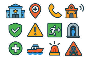 Colorful emergency and safety icons with various symbols and signs