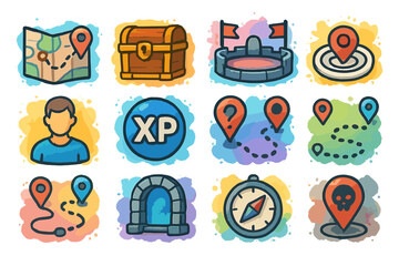 Colorful icons of maps, treasure, and navigation with compass and markers