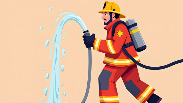 Firefighter in bright red uniform holding a water hose in flat art