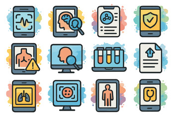 Digital health icons on devices displaying medical apps and diagnostics
