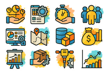 Colorful business icons depicting analytics, strategy, and growth