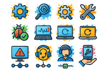 Colorful technical support and maintenance icons on gradient background