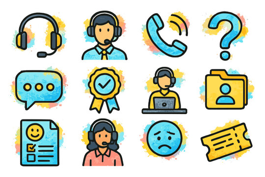 Colorful customer service icons with headsets, phones, and support symbols