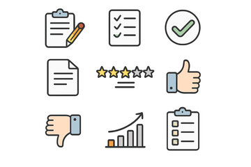 Business evaluation icons with checklist, ratings, and growth chart